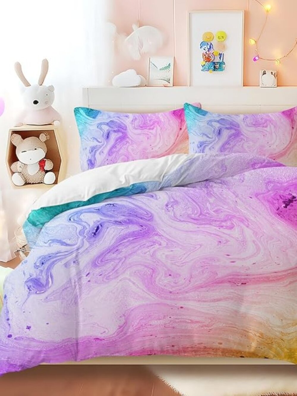 Duvet Cover Queen 84 x 84 Tie Dye Marble Watercolor Pink/Blue/Purple Microfiber